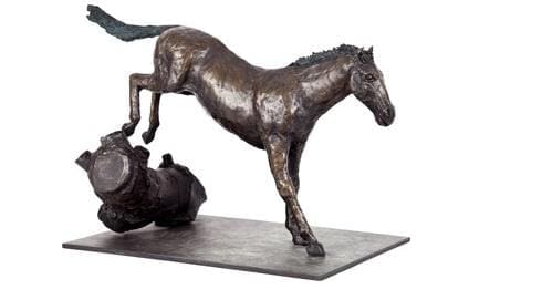 Leaping Horse and Log (Small Bronze Landing Equine statuette)