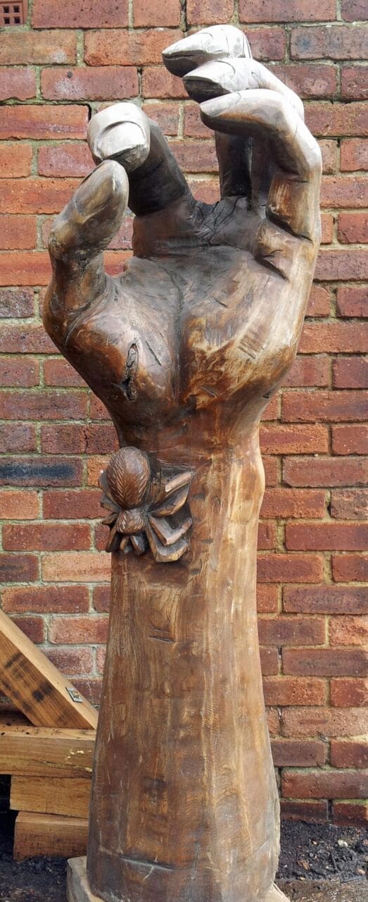 Hand with Spider (Giant Carved Wood Hand sculpture)