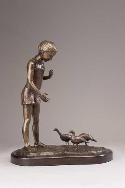 Lunch Time (Little Bronze Female Feeding Geese Sculpture)