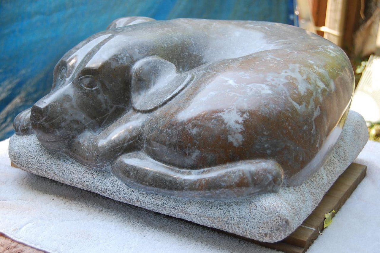 Mother and Pup Carved Stone Marble Dog Sculpture