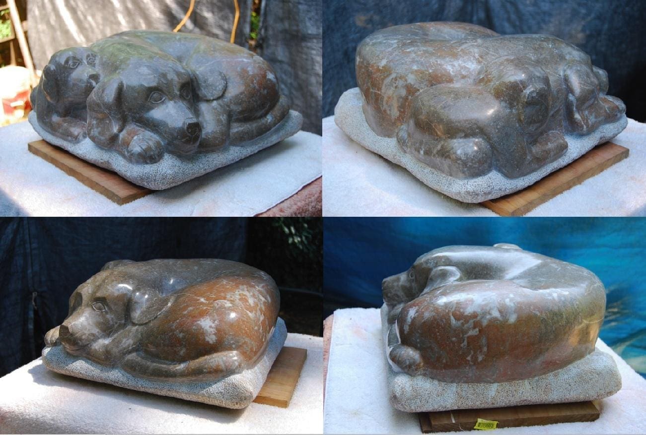 Mother and Pup Carved Stone Marble Dog Sculpture - Image 3