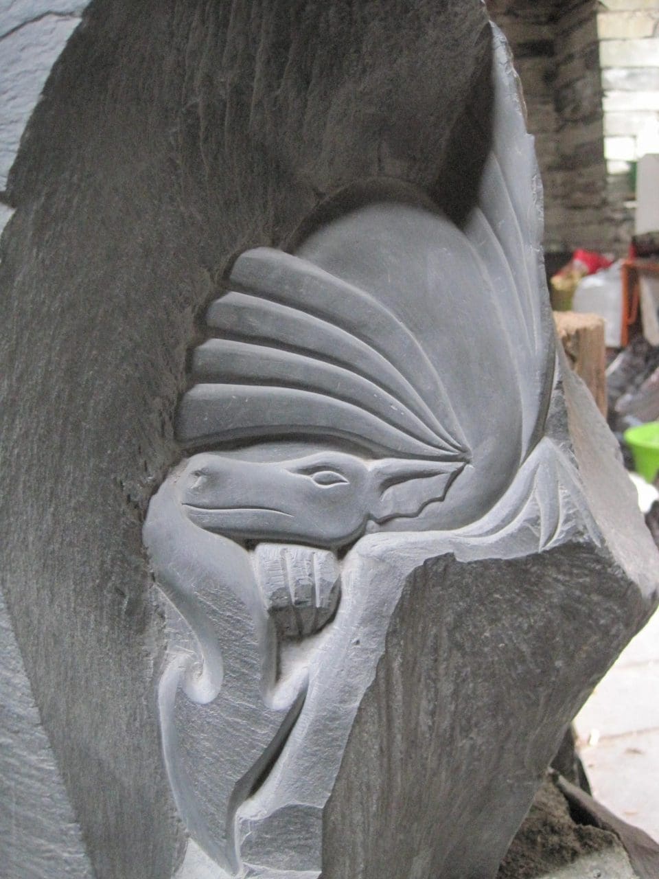 Dragon (Welsh High Relief Carved Slate Yard sculpture)