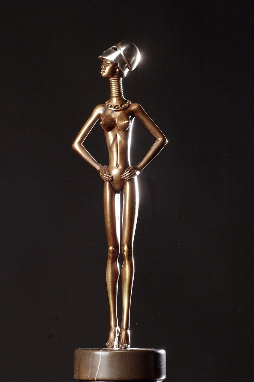 Fashion (Bronze Nude Model With Helmet sculpture)