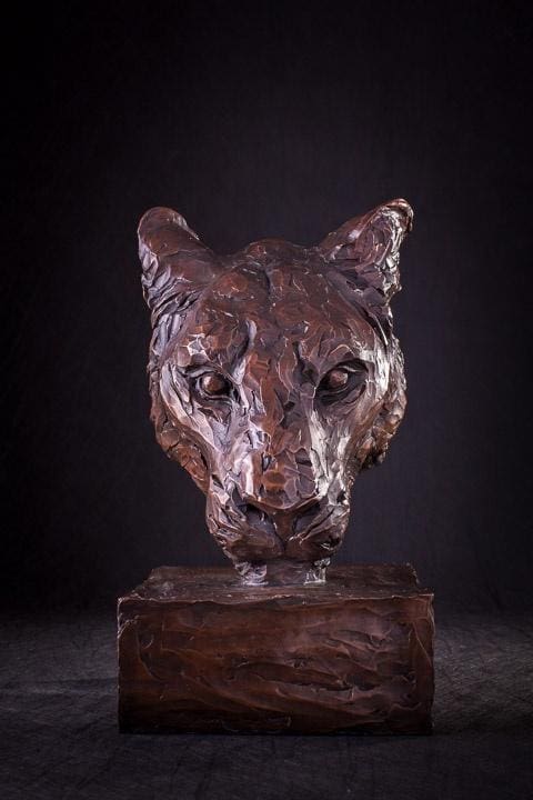 Portrait of a Lioness Bronze Head Mask sculpture,