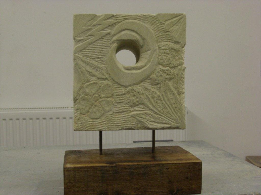 Epiphany Cube (Carved Stone Floral Low Relief statue)