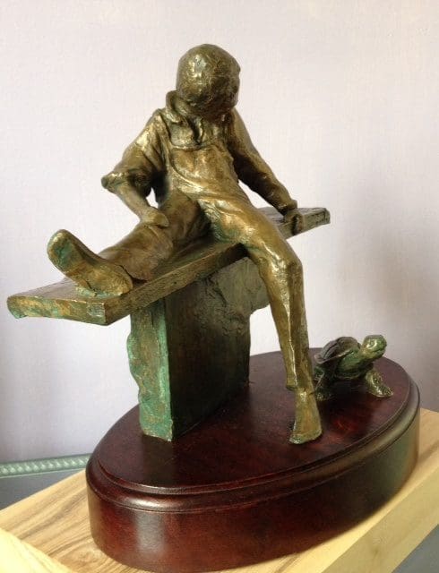Boy and Tortoise (Small Bronze Sitting Boy sculpture)