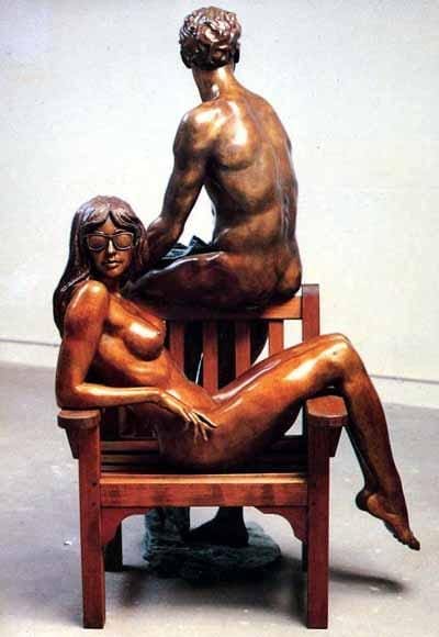 Lady with Man on Chair (bronze life size nude reclining statue)
