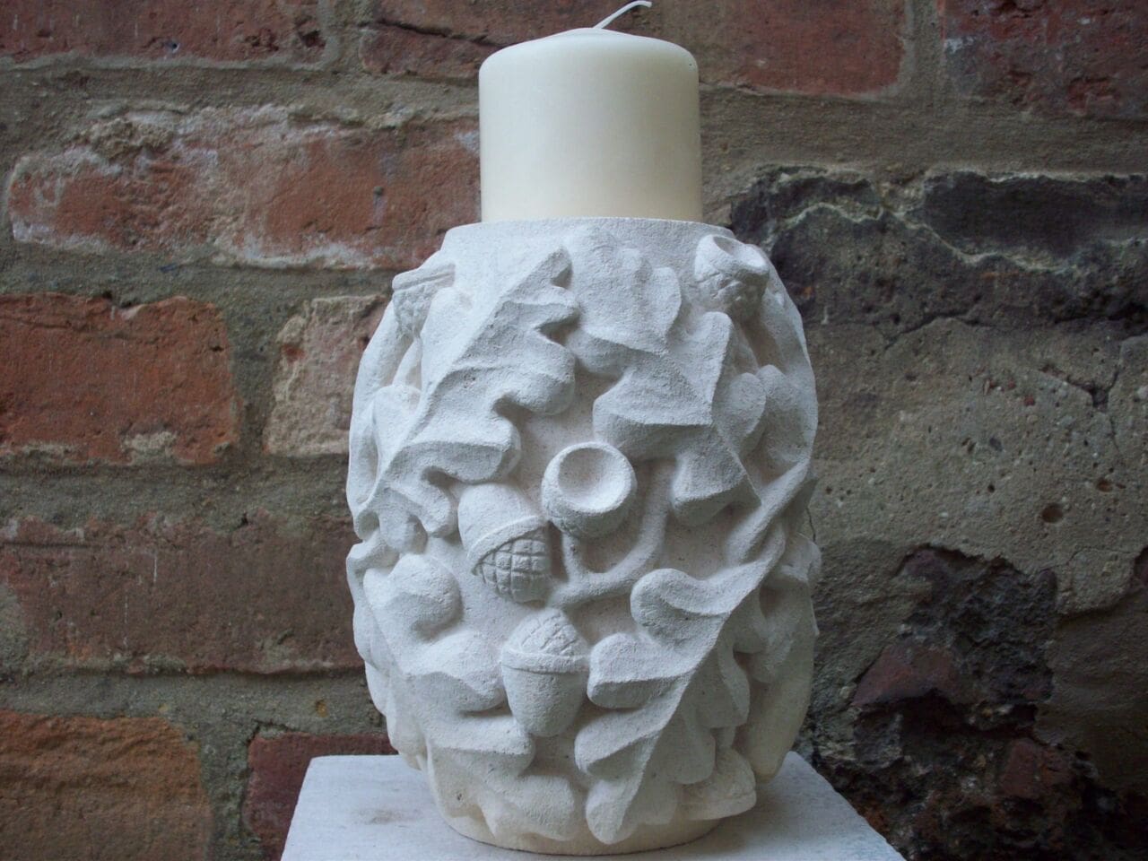 Oak Leaf Candle Stand (Carved Stone Holder statue)