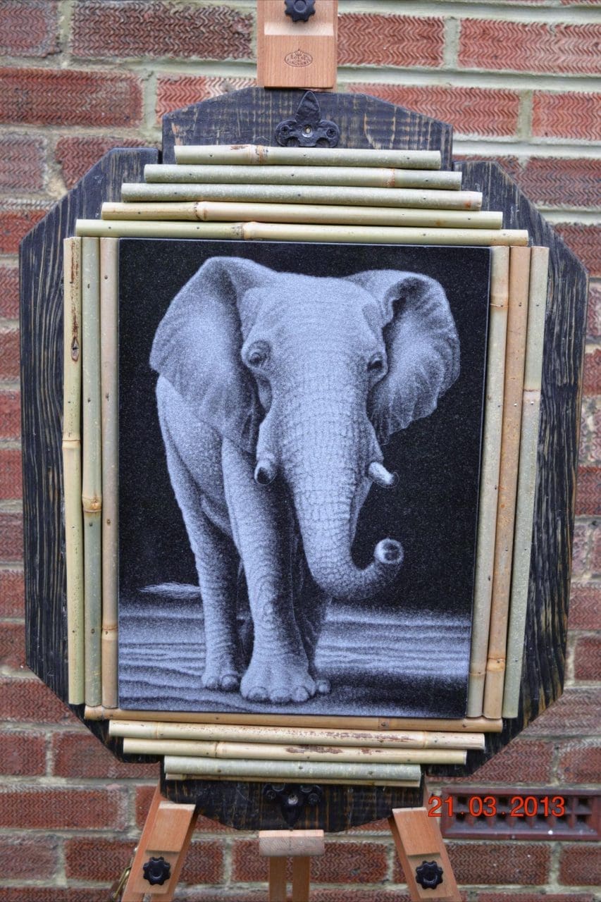 Hand Etched Elephant (Stone Panel Slab Engraving statue)
