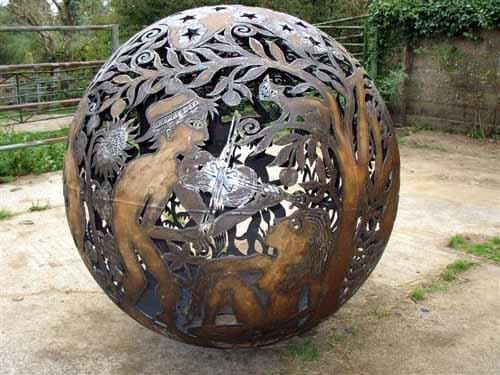 Large iron and steel spherical outdoor sculpture Fireball III by Aragorn Dick Reed