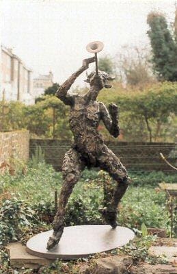 Bronze satyr sculpture Pan the Herald by Barbara Foster with playful figurative form