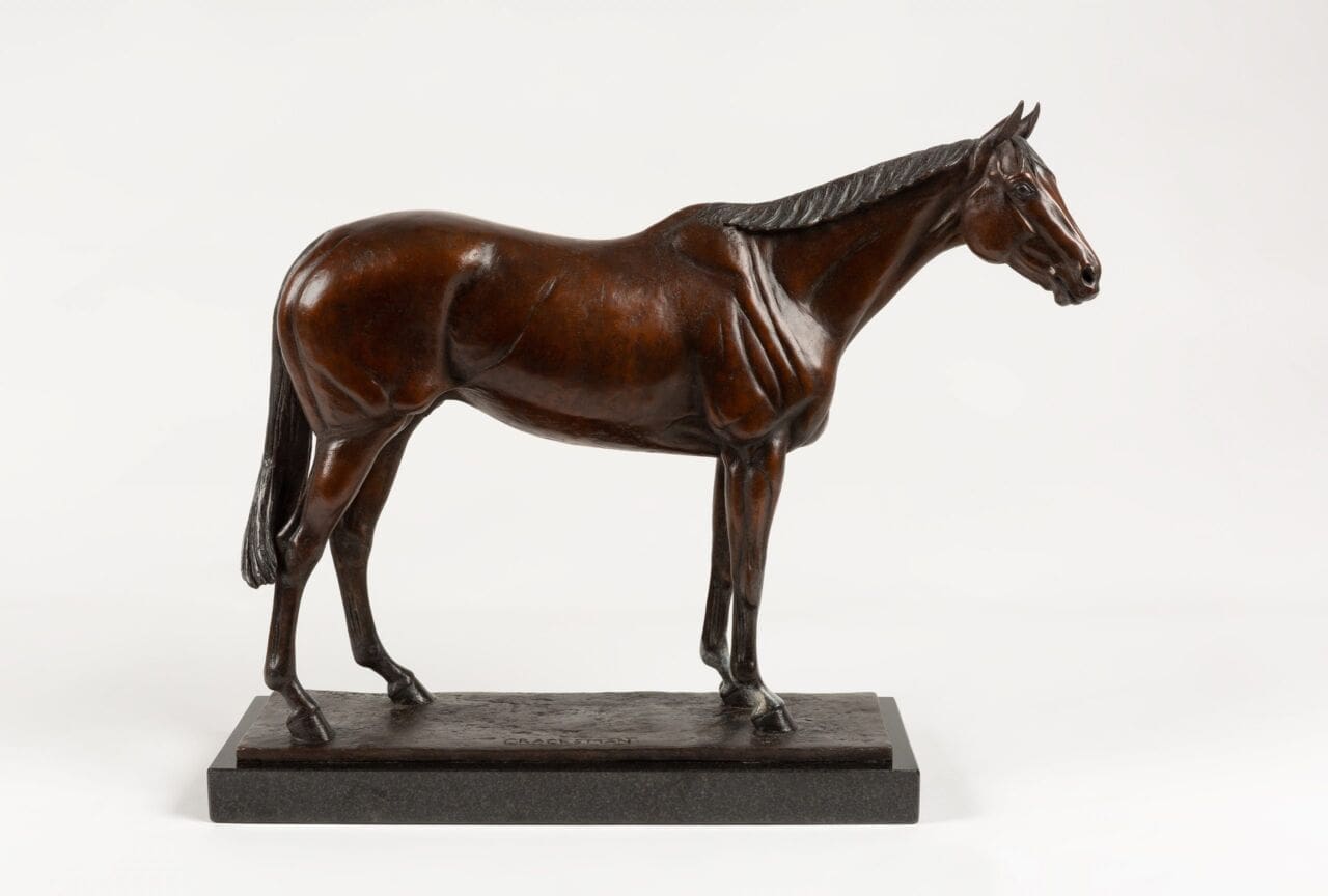 Bronze sculpture of Cracksman racehorse by Camilla Le May