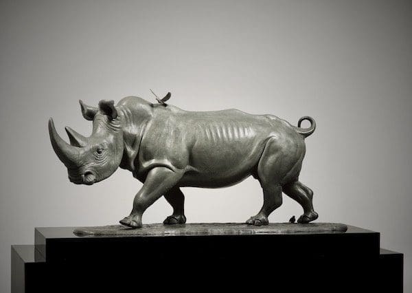 Bronze rhino sculpture with elongated form by Camilla Le May