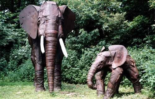 Steel sculpture “Elephant and New Calf” by Gail Van Heerden – lifesize wildlife sculpture.