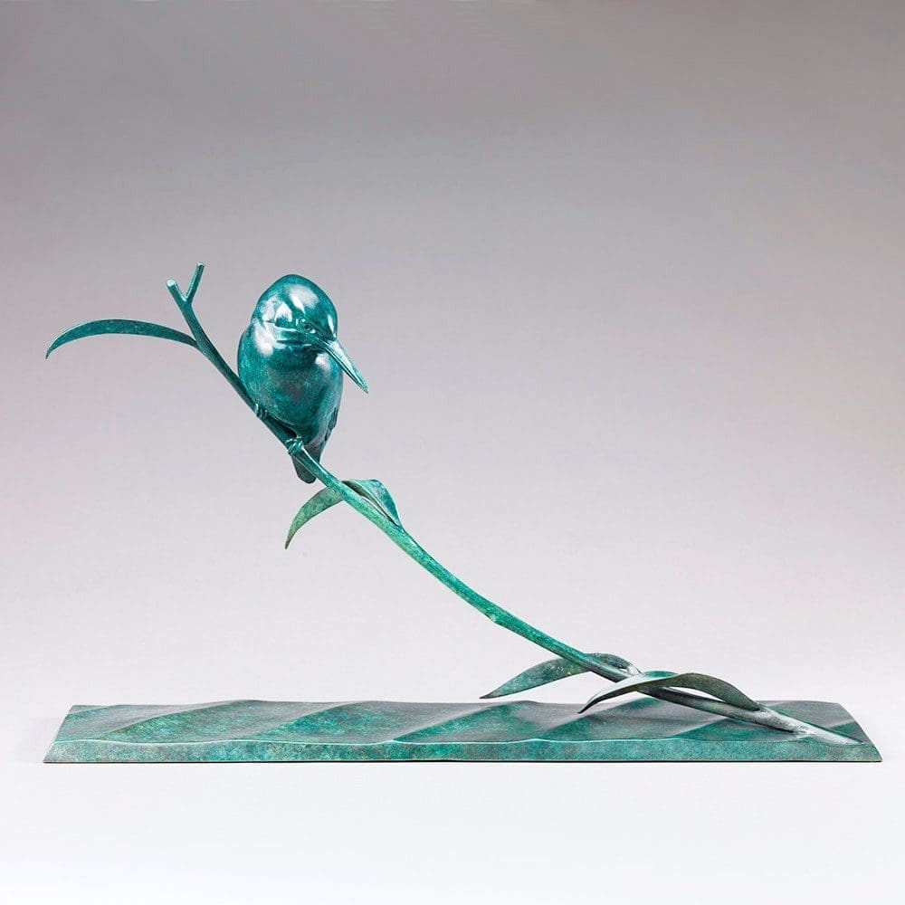 Kingfisher II bronze kingfisher perched on branch sculpture by Nick Bibby