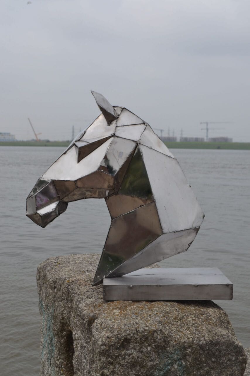 Cubist stainless steel horse head sculpture by Marcin Gornia
