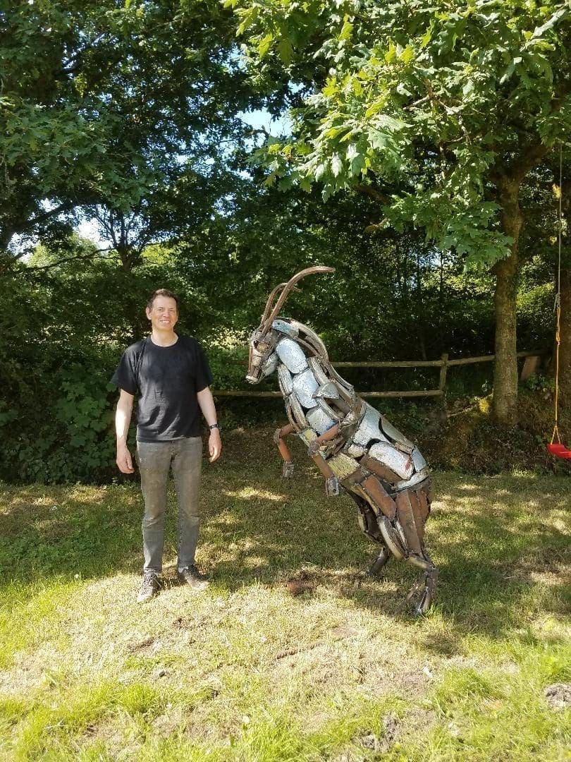 Recycled steel fighting ibex sculpture by Myles Mansfield