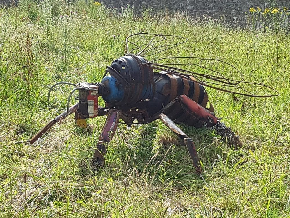 Large recycled steel honey bee sculpture by Myles Mansfield