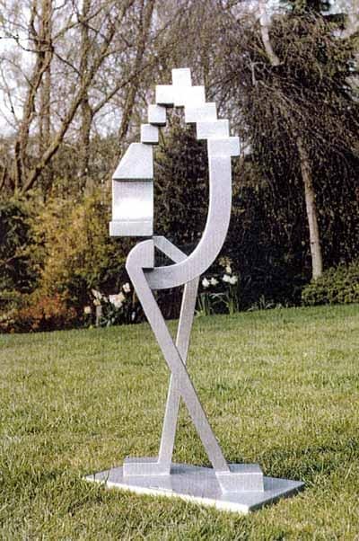 Stainless steel abstract sculpture by Nadine Senft suggesting two modern figures standing together.