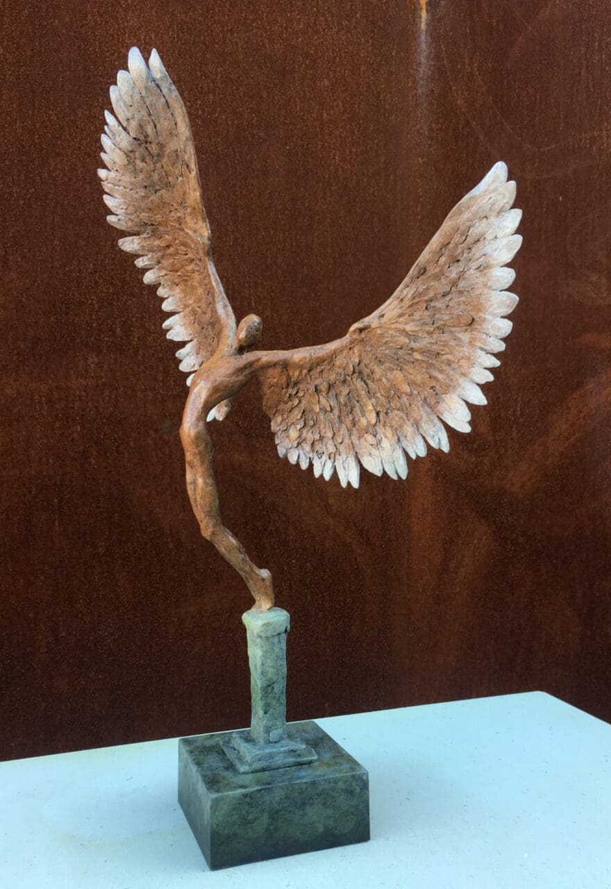 Small bronze sculpture of Icarus taking flight by Nicola Godden