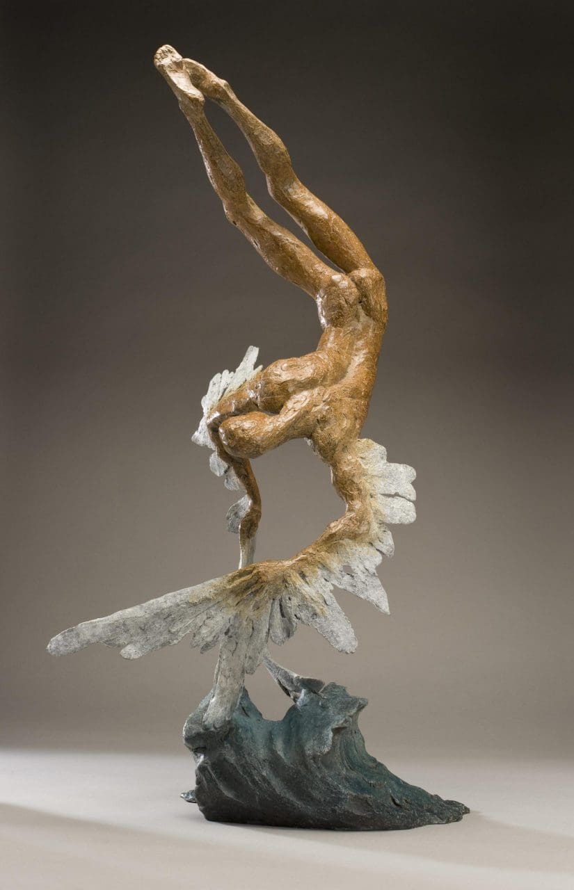 Small bronze sculpture of falling Icarus with melting wings by Nicola Godden