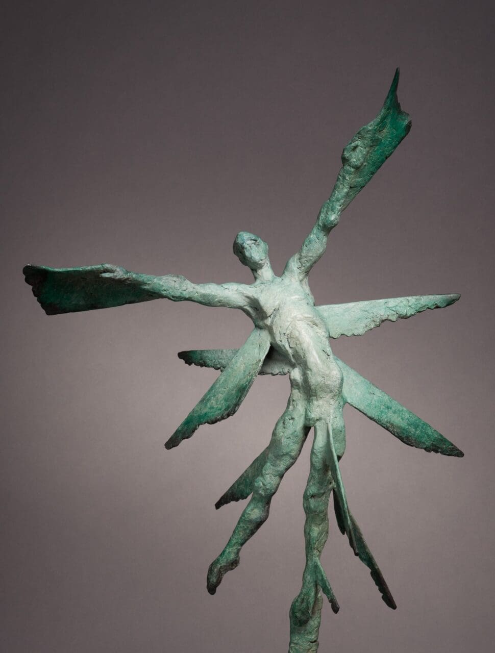 Bronze abstract flying male sculpture by Nicola Godden designed for garden display