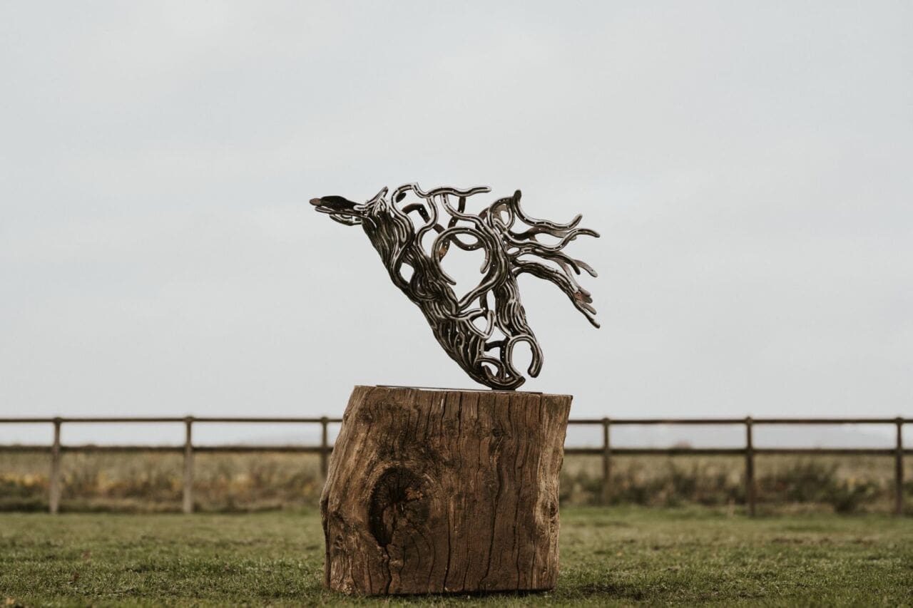 Horseshoe steel horse head bust sculpture by Ollie Holman — sold