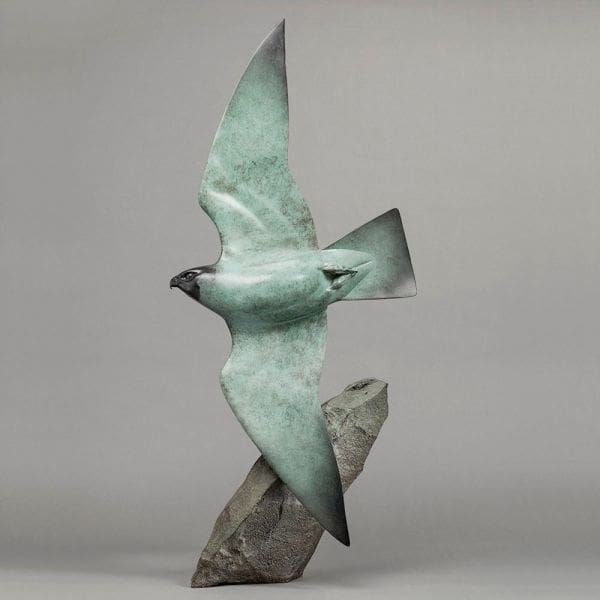 Peregrine Falcon bronze flying bird of prey sculpture by Nick Bibby