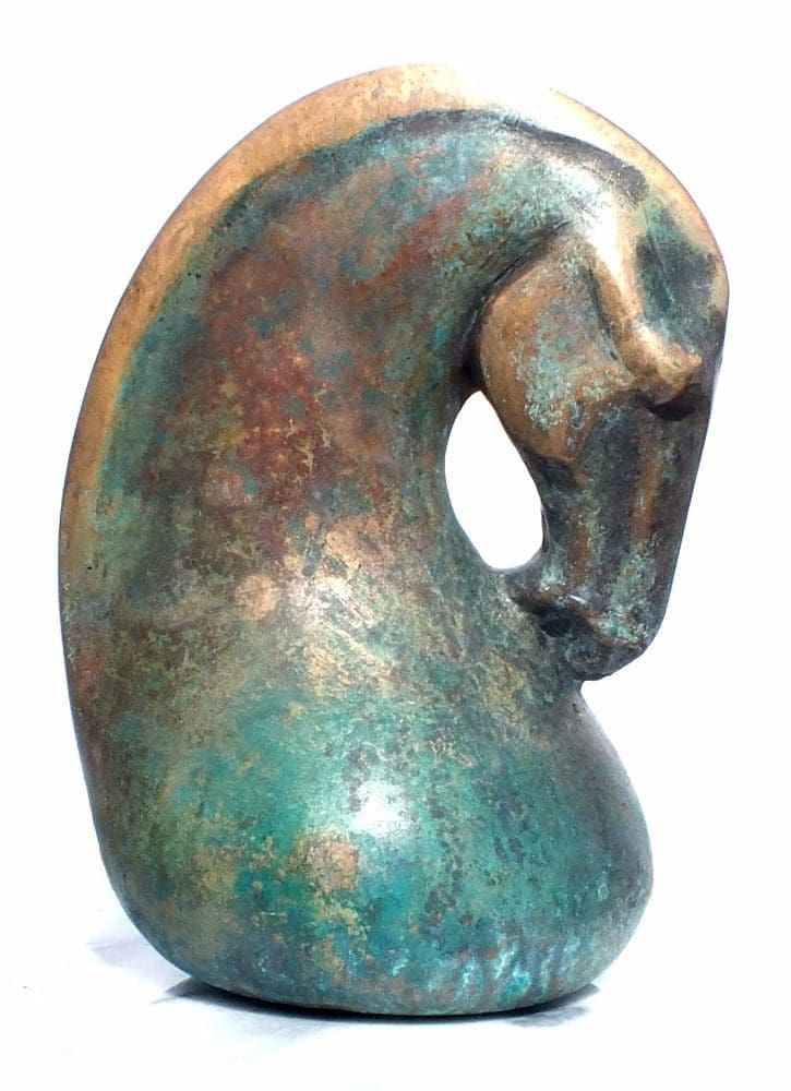Abstract bronze horse head sculpture by Perryn Butler with coloured patina.