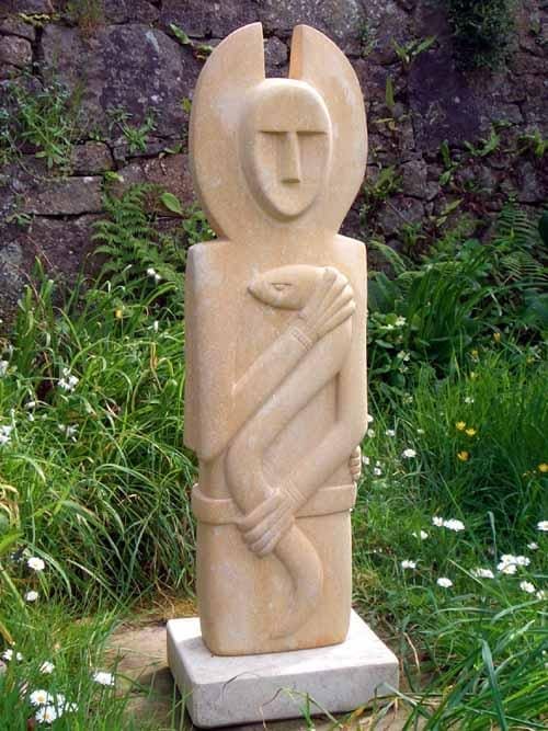 Stone sculpture “Druid” by Perryn Butler, an abstract figurative form inspired by nature and spirituality.
