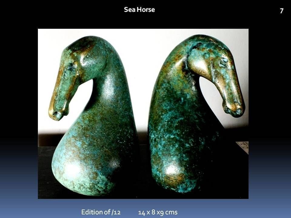 Small abstract bronze sea horse sculpture by Perryn Butler.