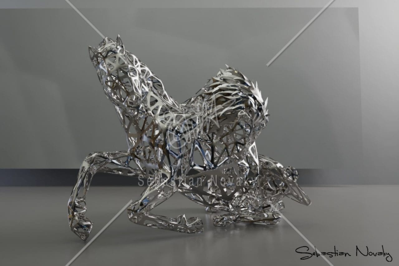 Stainless steel sculpture of a lion fighting a horse by Sebastian Novaky