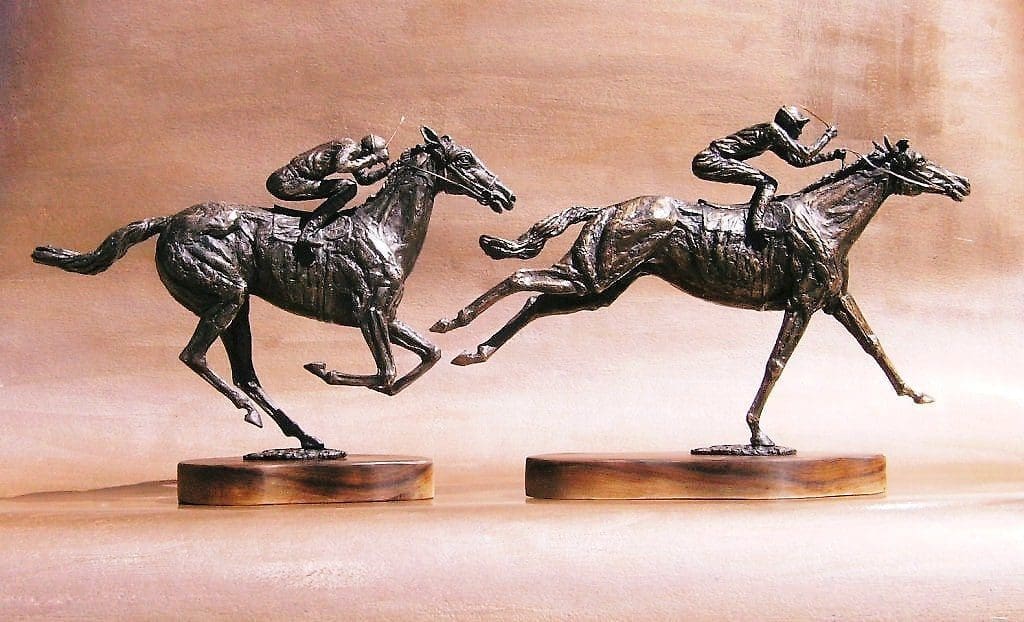 Sure Thing and Flying Finish bronze racehorse sculpture by Jan Sweeney