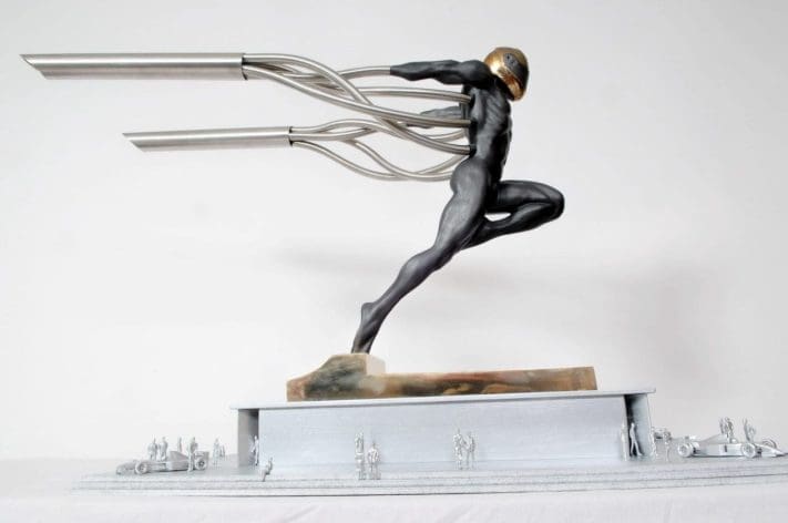 Abstract bronze and stainless steel Icarus sculpture by Tom Maley