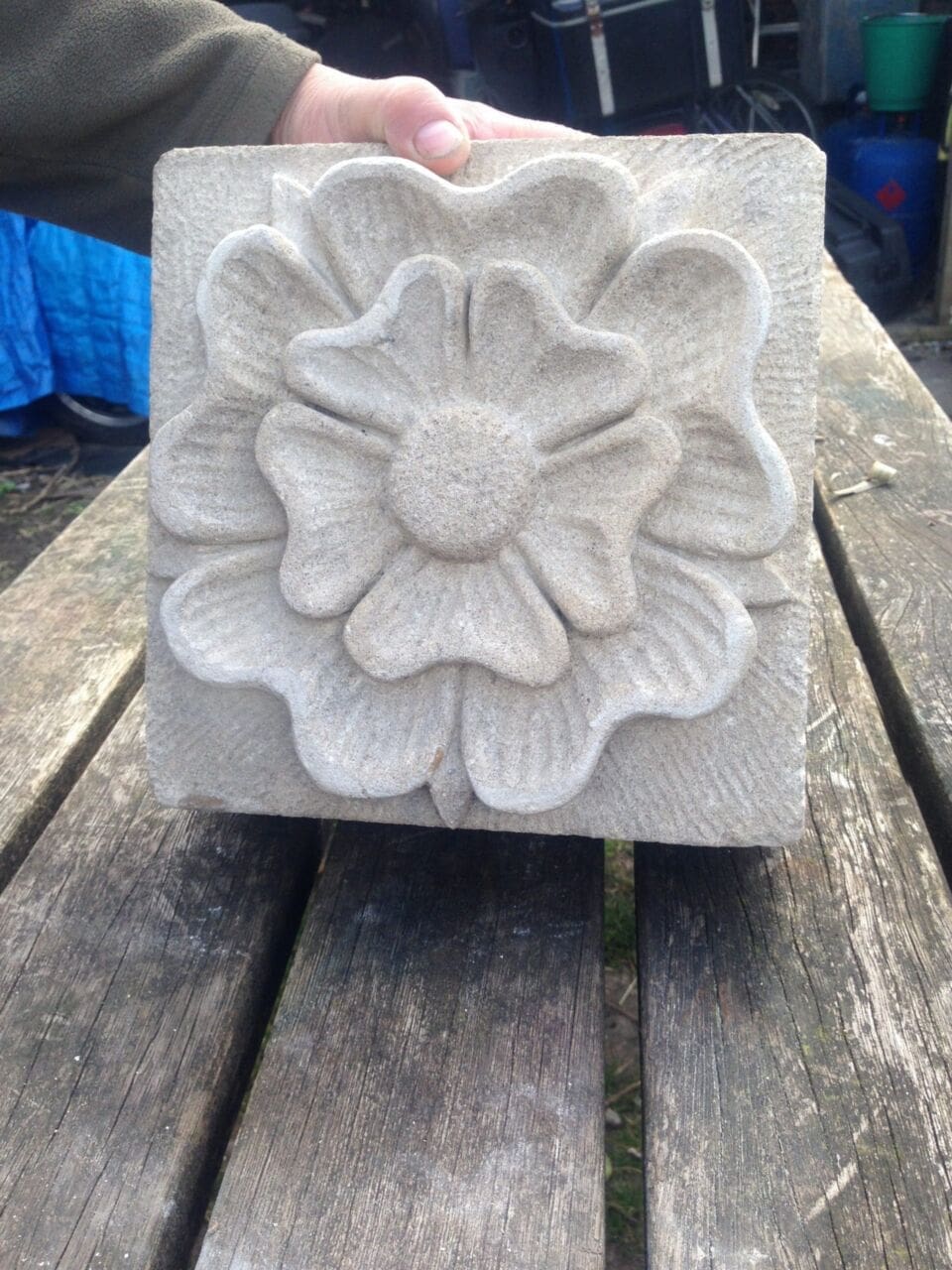 Tudor Rose carved Portland stone flower sculpture by Nicholas Webster