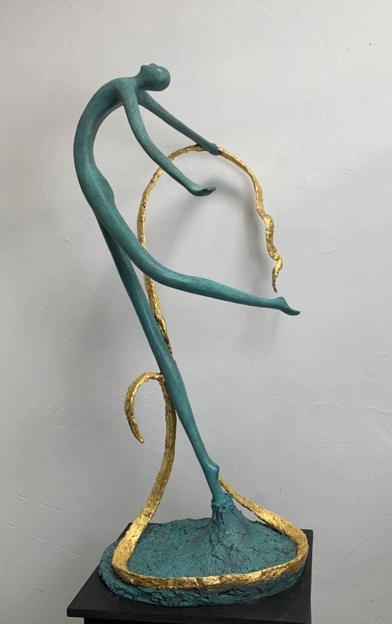 Bronze resin abstract sculpture Golden Thread by Jeremy Moulsdale for garden or interior display
