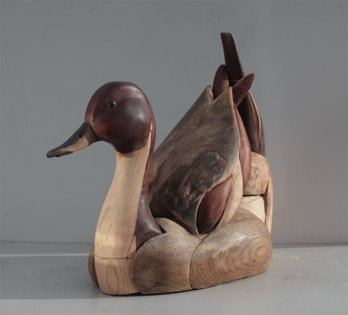 Wooden pintail duck sculpture displaying by Martin Hayward-Harris
