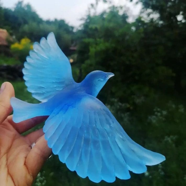 Cast glass Blue Bird of Happiness sculpture by Anna Tölgyesi Poós