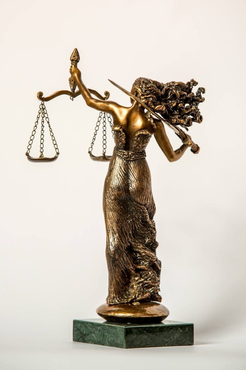Bronze Justitia Lady Justice sculpture by Anna Tölgyesi Poós