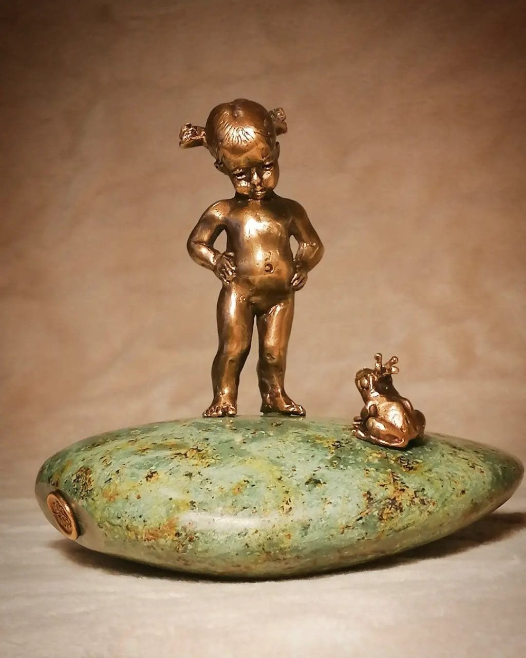 The Little Girl and the Frog Prince bronze fairytale sculpture by Anna Tölgyesi Poós