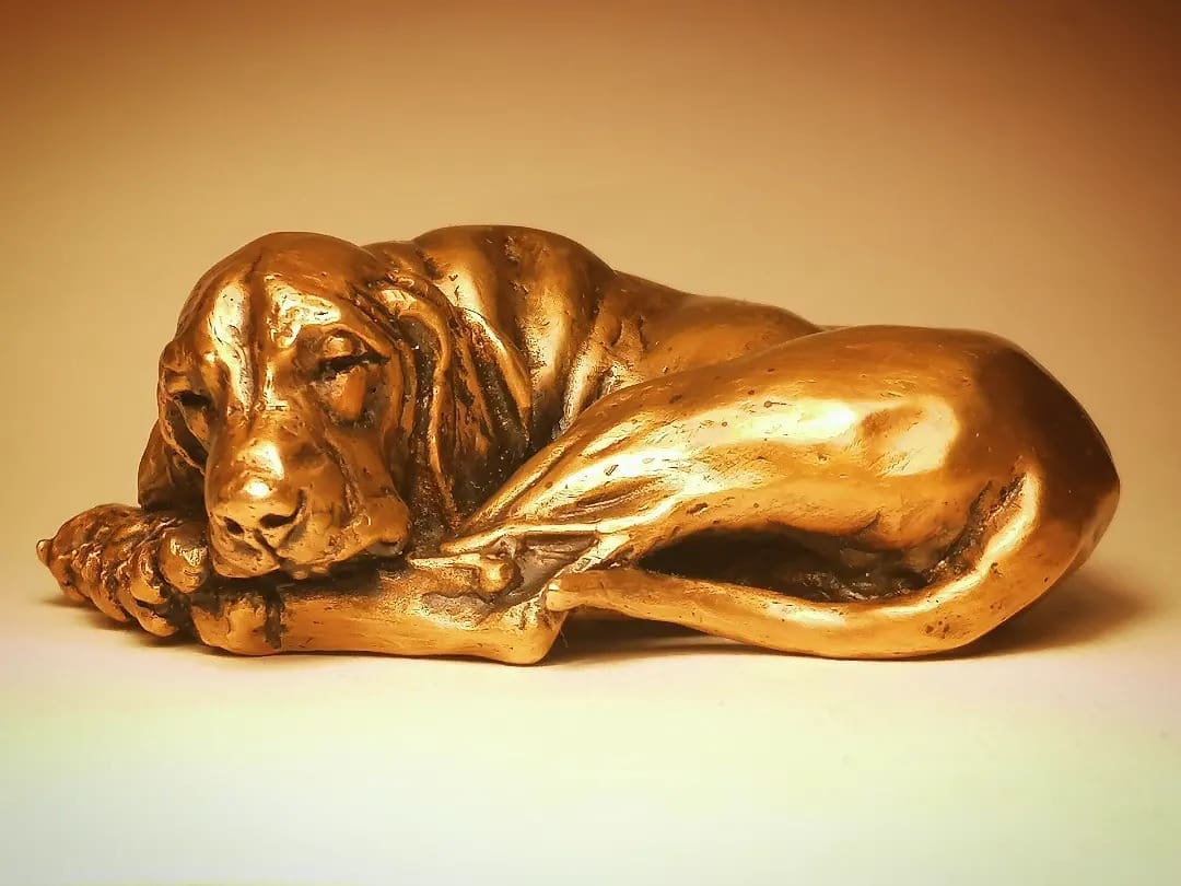 Sleeping Hungarian Vizsla puppy bronze sculpture by Anna Tölgyesi Poós