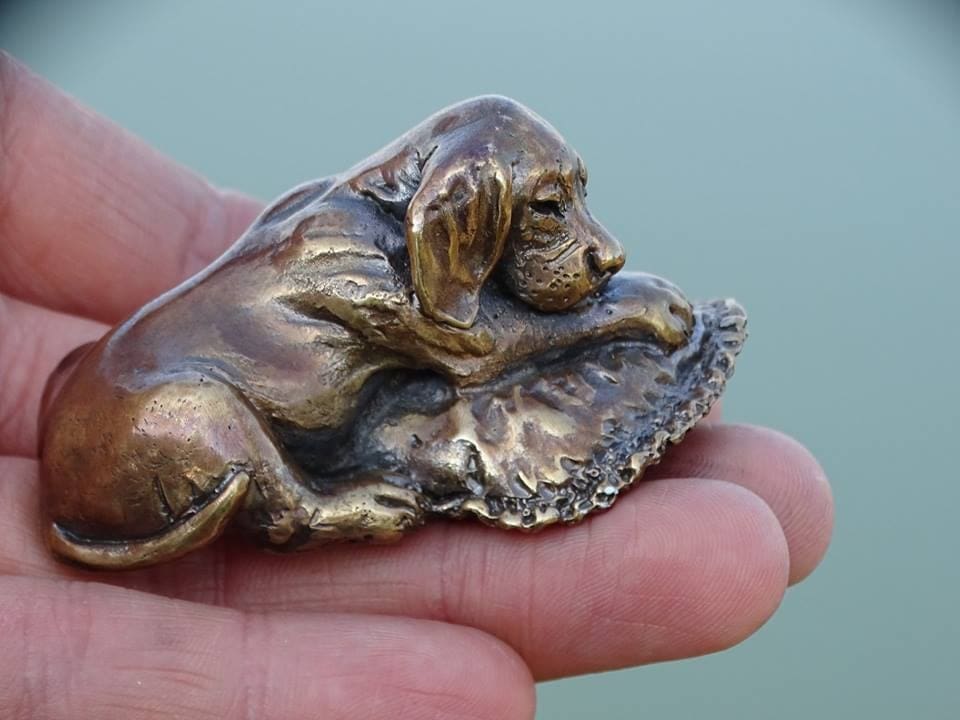 Sleeping Vizsla puppy bronze sculpture curled on pillow by Anna Tölgyesi Poós