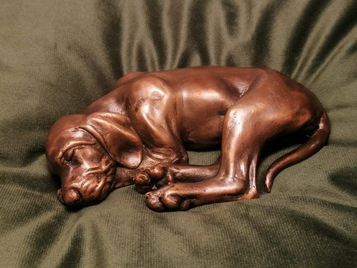 Sleeping Vizsla Baby small bronze dog sculpture by Anna Tölgyesi Poós