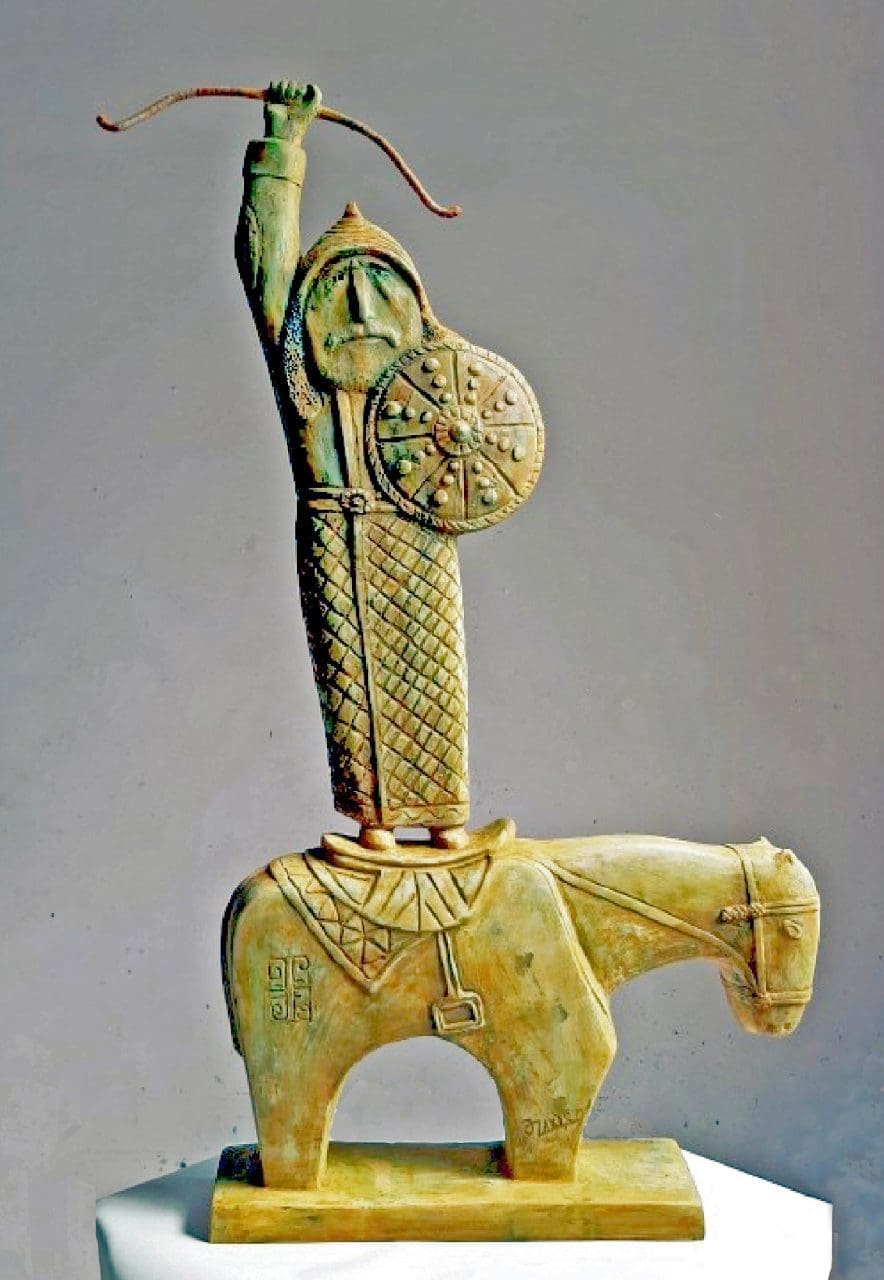 Epoxy resin sculpture of an ancient horseman by Zakir Ahmedov.