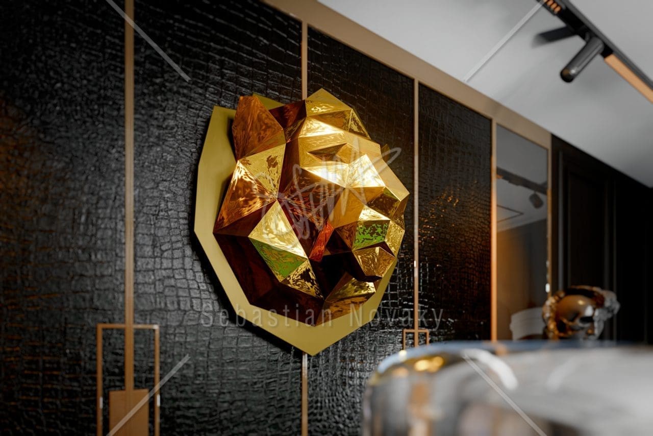 Lion’s Trophy Head stainless steel lion wall sculpture by Sebastian Novaky