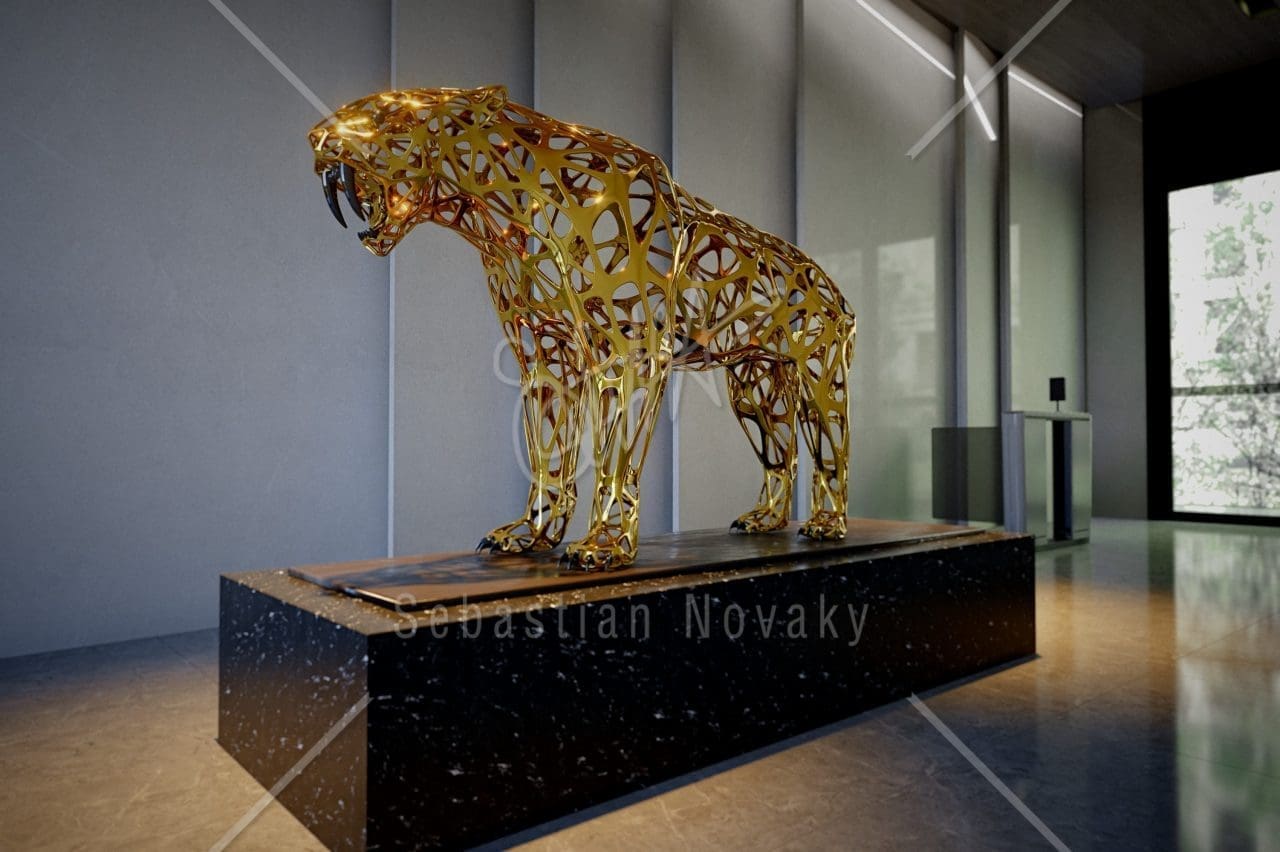 Large stainless steel sabertooth tiger sculpture by Sebastian Novaky