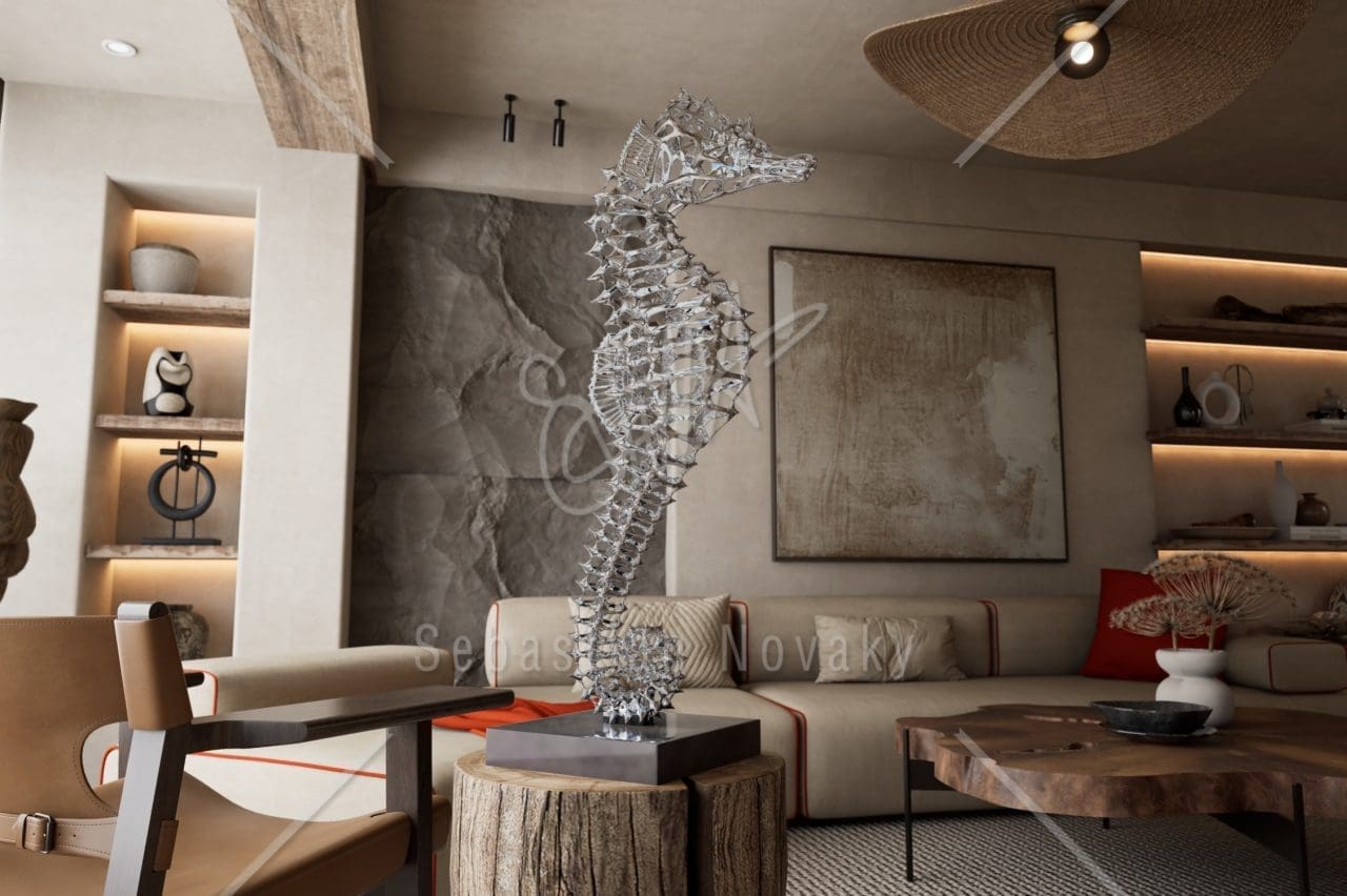 Stainless steel hippocampus sculpture by Sebastian Novaky.