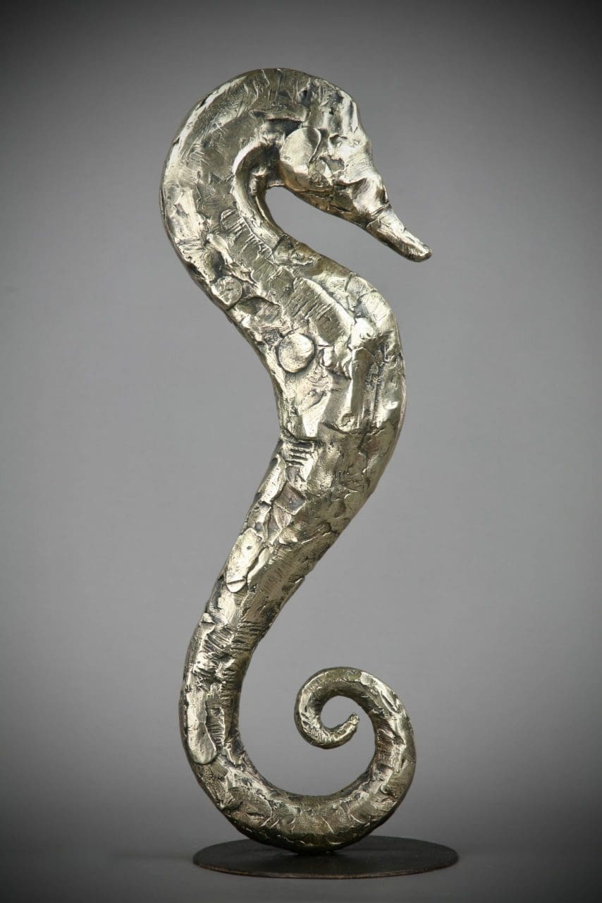 Bronze hippocampus sculpture by Andrzej Szymczcyk combining horse and aquatic mythology.