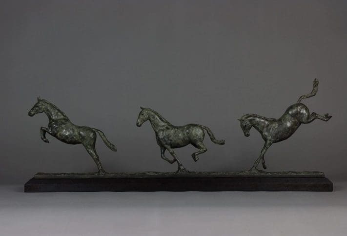 Bronze horse trio maquette sculpture by Edward Waites, small dynamic group of galloping horses.