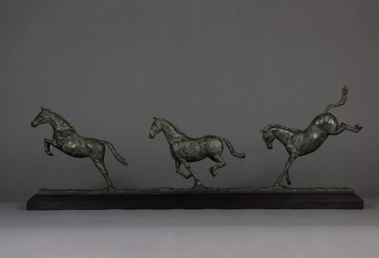 Bronze horse trio maquette sculpture by Edward Waites, small dynamic group of galloping horses.